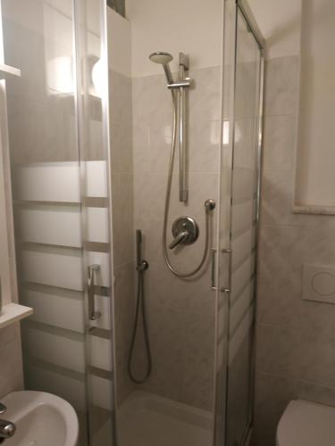 佛罗伦萨Appartamento Aurora的带淋浴、卫生间和盥洗盆的浴室