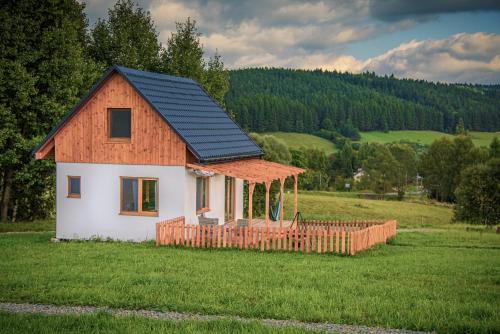 下乌斯奇基Pastelova Krova - domki w Bieszczadach的田野上带 ⁇ 顶的小房子