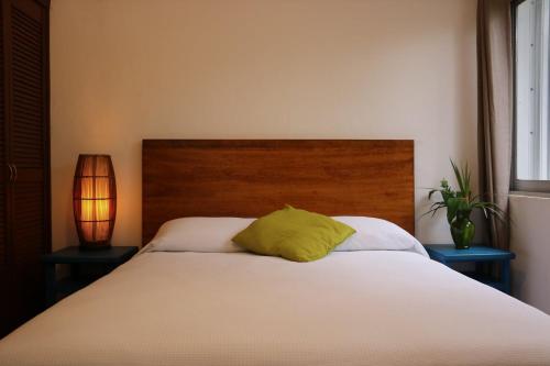 科苏梅尔Hotel Villas Colibrí Suites & Bungalows的一间卧室配有一张带绿色枕头的床