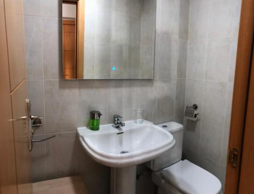苏安塞斯En Busca del Viento del Norte Suances的一间带水槽、卫生间和镜子的浴室