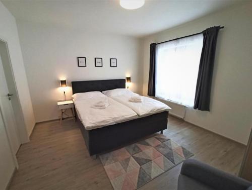 伏尔塔瓦河畔利普诺Lipno Port Apartment A103的一间卧室设有一张床和一个大窗户