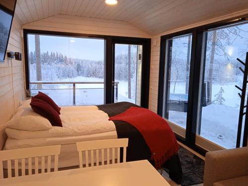 KotilaLake Resort Paljakka的一间卧室设有两张床和大窗户