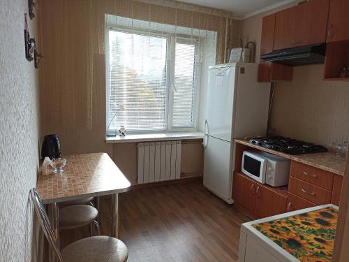 苏梅Cozy apartments in the city center Kharkovskaya street的小厨房配有白色冰箱和桌子