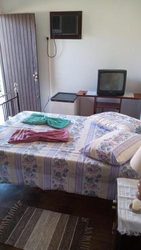 阿雷格里港Espaço Trilegal的一间卧室配有一张带桌子的床和一台电视。