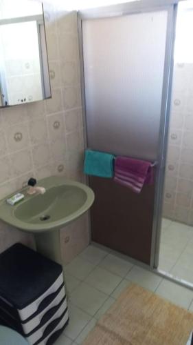 阿雷格里港Espaço Trilegal的带淋浴、水槽和镜子的浴室
