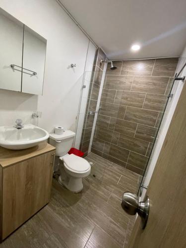麦德林HOTEL MEDELLIN CENTRAL的浴室配有卫生间、盥洗盆和淋浴。