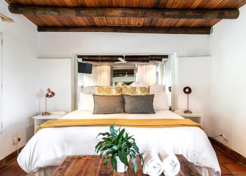赫曼努斯Hemel 'N Aarde Stud的一间卧室设有一张带木制天花板的大床