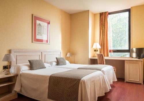 巴塞罗那阿斯顿日光酒店的酒店客房设有两张床和窗户。