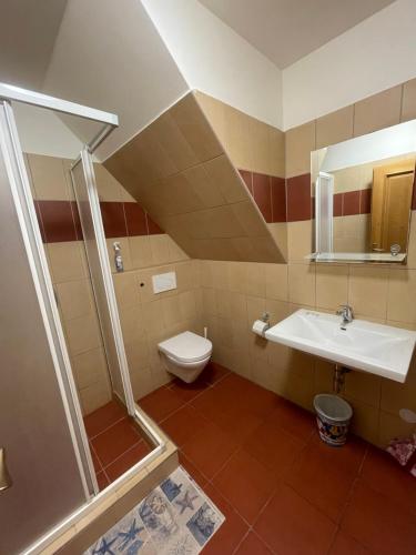 米库洛夫Alva Pension 2的一间带水槽、淋浴和卫生间的浴室