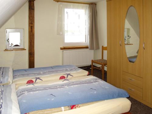 乌曼茨Apartment Am Strom-4 by Interhome的一间卧室配有一张床、镜子和窗户