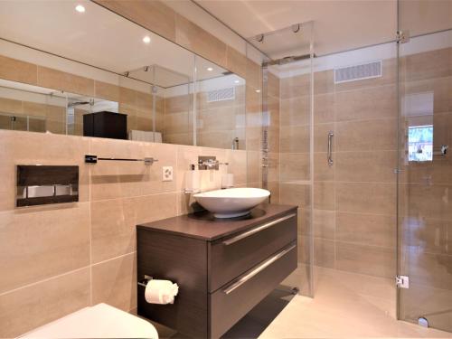 圣莫里茨Apartment Chesa Piz Mezdi - St- Moritz by Interhome的一间带水槽和玻璃淋浴的浴室