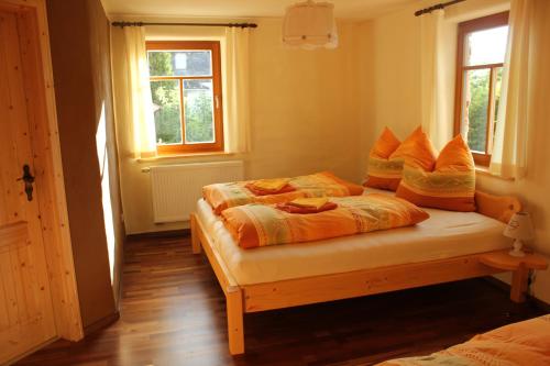 施莱茨Pension 'Am Vogelherd'的一间卧室设有两张床和两个窗户。