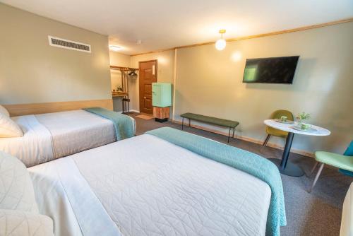 New AshfordThe Springs Motel的酒店客房设有两张床和一张桌子。