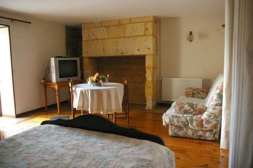 Lalinde杜梅尔住宿加早餐旅馆的客厅设有一张桌子、一台电视和一个壁炉