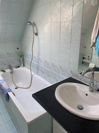 NandyCHAMBRE Cosy的一间带水槽、浴缸和镜子的浴室