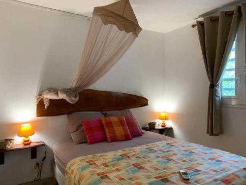 德赛La villa ô plaisir的一间卧室配有一张带天蓬和两盏灯的床。