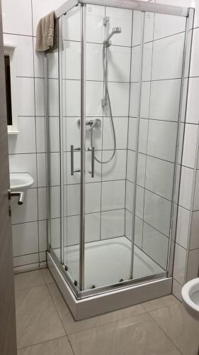 诺登哈姆Hostel Ellwürder Hof的浴室里设有玻璃门淋浴