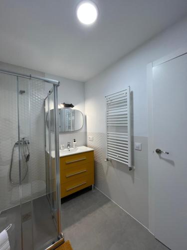 阿尔巴塞特MGG - Apartamento Muelle的带淋浴、盥洗盆和镜子的浴室