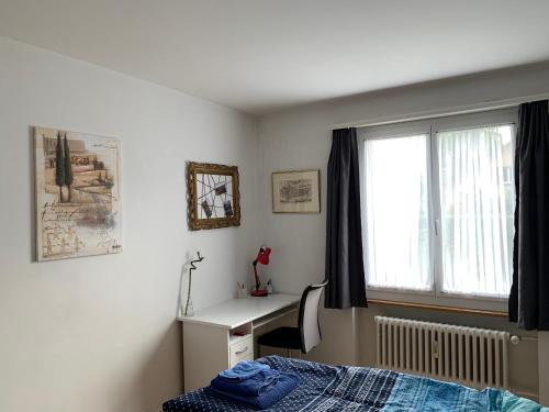伯尔尼Wohnung的一间卧室配有一张床、一张书桌和一个窗户。
