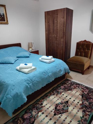 卡兰巴卡Aspa's house的一间卧室配有一张带蓝色床单的床和一把椅子