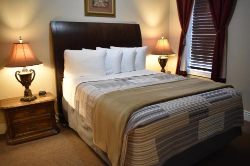 圣安东尼Silver Horseshoe Inn的一间卧室配有一张大床和两盏灯