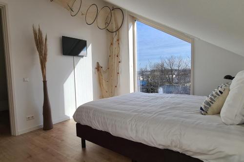 NieuwkoopB&B Het Groene Hart的一间卧室设有一张大床和一个大窗户