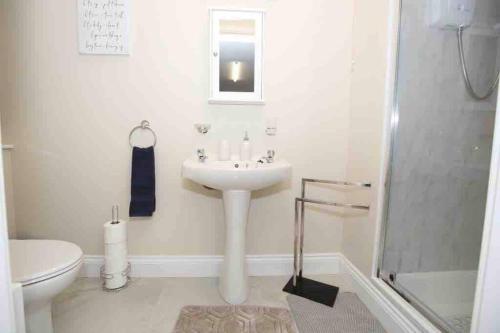 阿达拉“John Bs” 1 Bedroom Apartment in Ardara的白色的浴室设有水槽和淋浴。