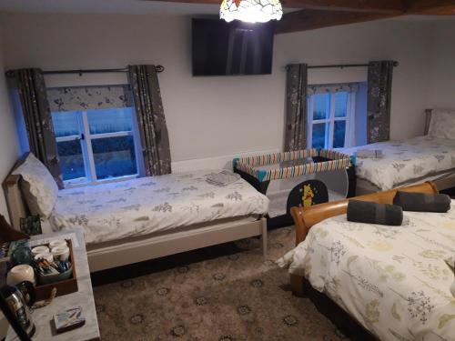 什鲁斯伯里Upper Eyton Farmhouse B&B的一间卧室设有两张床和两个窗户。