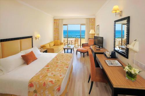 利马索尔伊莱亚斯海滨酒店的酒店客房设有床和客厅。