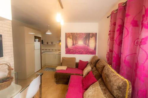 卡索拉Casa de las Flores Cazorla的一间带粉色沙发的客厅和一间厨房