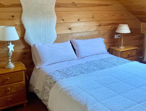 里亚尔普Cal Quimet的一间卧室配有蓝色的床和2个床头柜