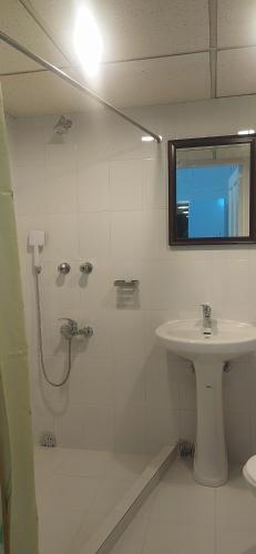 达卡Center Point Apartment的带淋浴和盥洗盆的白色浴室