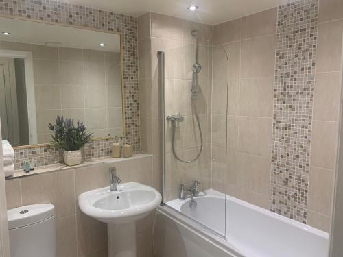 艾尔Kintyre Apartment的浴室配有水槽、淋浴和浴缸。