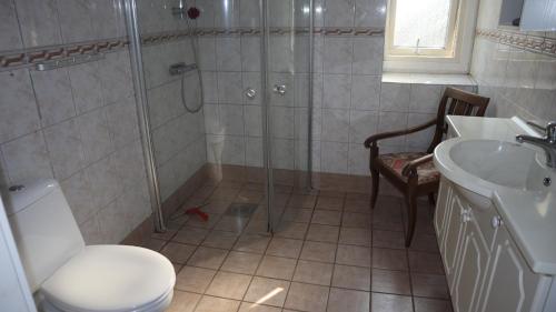 海斯勒霍尔姆科洛南斯B＆B酒店的带淋浴、卫生间和盥洗盆的浴室