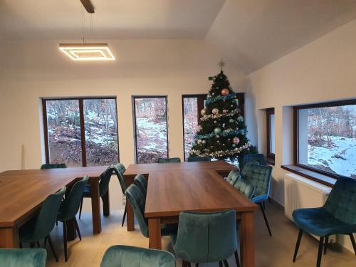 巴亚斯普列Pensiunea Black Mountain的一间设有两张桌子的房间和一棵圣诞树