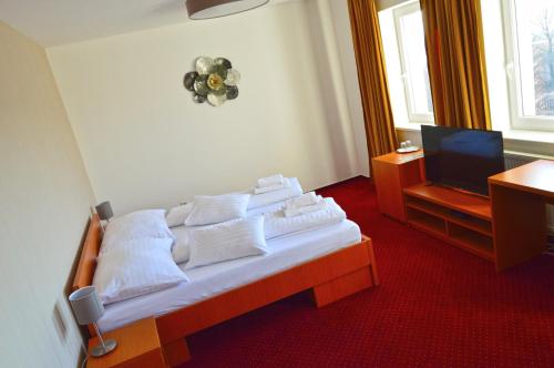 托波尔恰尼Hotel Evan u Hoffera的一间卧室配有一张带白色枕头的床和电视。