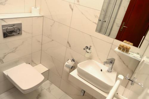 托波尔恰尼Hotel Evan u Hoffera的白色的浴室设有水槽和卫生间。