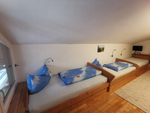 维辛Lamplhof的客房内的两张床和蓝色枕头