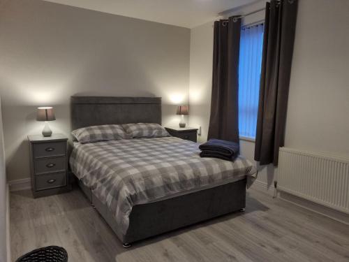 伦敦德里The Townhouse, Derry City Centre.的一间卧室配有一张床、两盏灯和一个窗户。