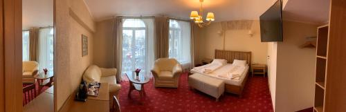 维尔纽斯亚莉克莎老城区酒店的一间卧室设有一张床和一间客厅。