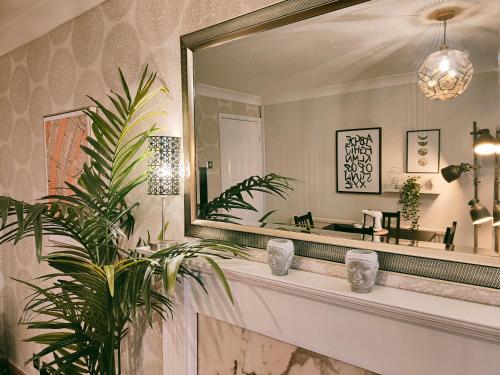赫尔City Centre Apartment- Beautiful Old Town- with Parking的一间带大镜子和植物的浴室
