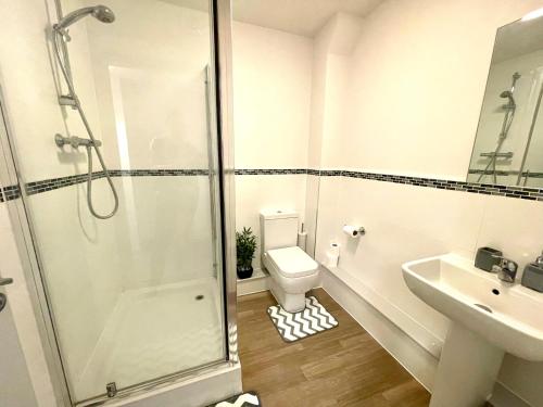 彼索普斯托福Bright & Cosy One Bedroom Apartment - Perfect base in Bishop's Stortford的带淋浴、卫生间和盥洗盆的浴室
