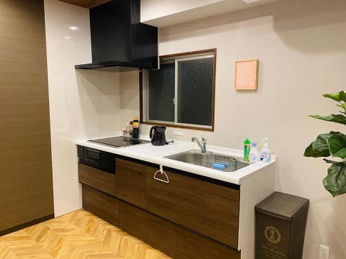 福冈TABISAI HOTEL Suite 博多的厨房设有水槽和窗户。