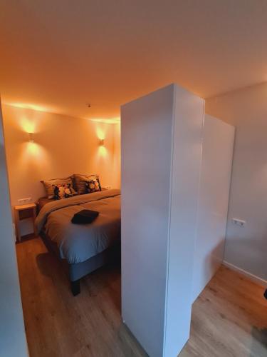 巴恩Studio Baarn with patio, airco, pantry, bedroom, bathroom, privacy - Amsterdam, Utrecht的一间卧室配有床和白色橱柜