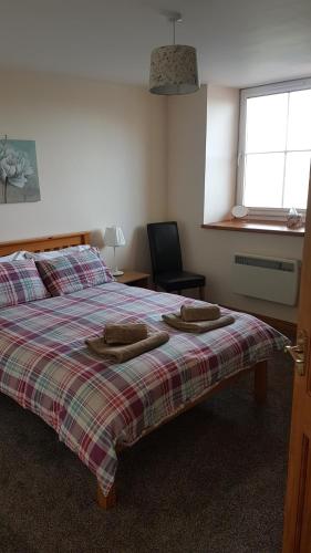 坎贝尔城Modern 1 bed Apartment close to Campbeltown的一间卧室配有一张带两个枕头的床