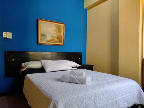 阿拉胡埃拉Hotel Alajuela Costa Rica Airport的蓝色的卧室,配有一张蓝色墙壁的床
