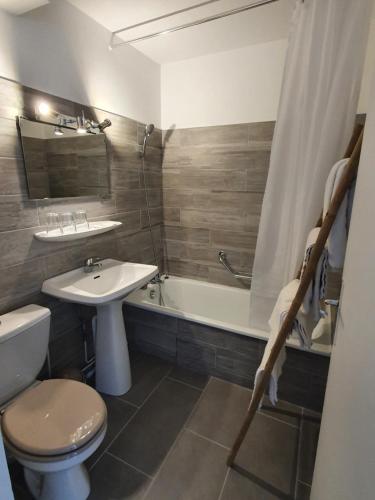 LaffreyHOTEL DU GRAND LAC的浴室配有盥洗盆、卫生间和浴缸。