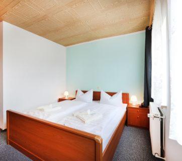 DeutschneudorfHotel "Zum Einsiedler"的一间卧室配有一张大床和木制床头板