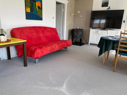 SejerslevStor lys lejlighed på Nordmors的带电视的客厅内的红色沙发