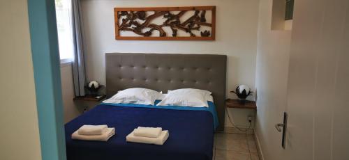 圣吕斯Résidence B&L Lagon : T3 Alizés的一间卧室配有蓝色的床和毛巾